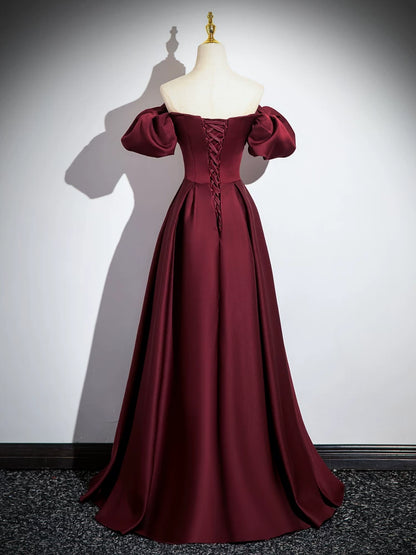 Off The Shoulder Burgundy Satin Prom Dress A Line Formal Evening Dress  P1269