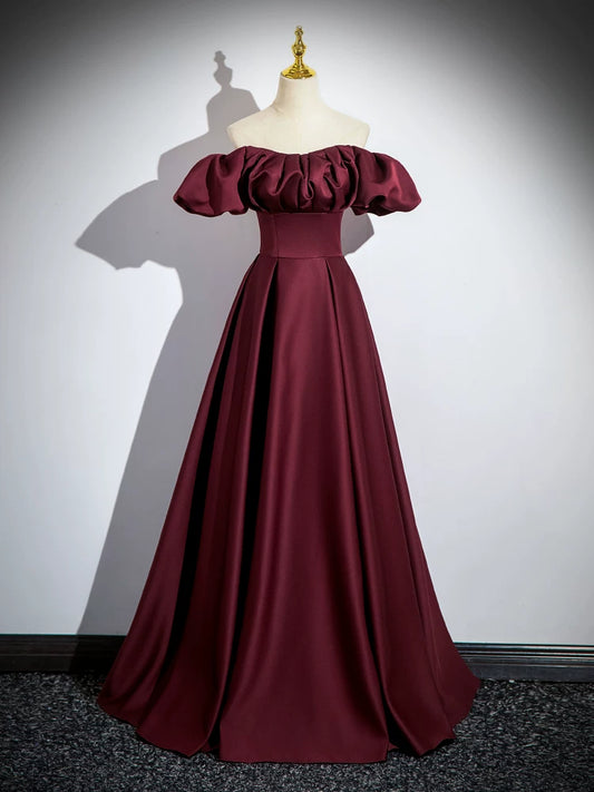 Off The Shoulder Burgundy Satin Prom Dress A Line Formal Evening Dress  P1269