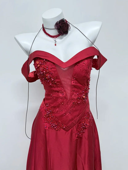 Off The Shoulder Burgundy Satin Prom Dress Applique Evening Gown   P1726
