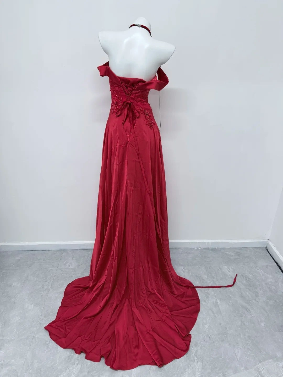 Off The Shoulder Burgundy Satin Prom Dress Applique Evening Gown   P1726