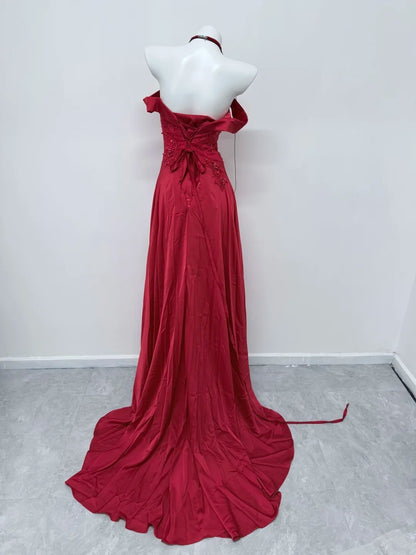 Off The Shoulder Burgundy Satin Prom Dress Applique Evening Gown   P1726