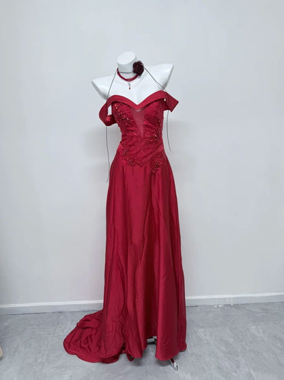Off The Shoulder Burgundy Satin Prom Dress Applique Evening Gown   P1726