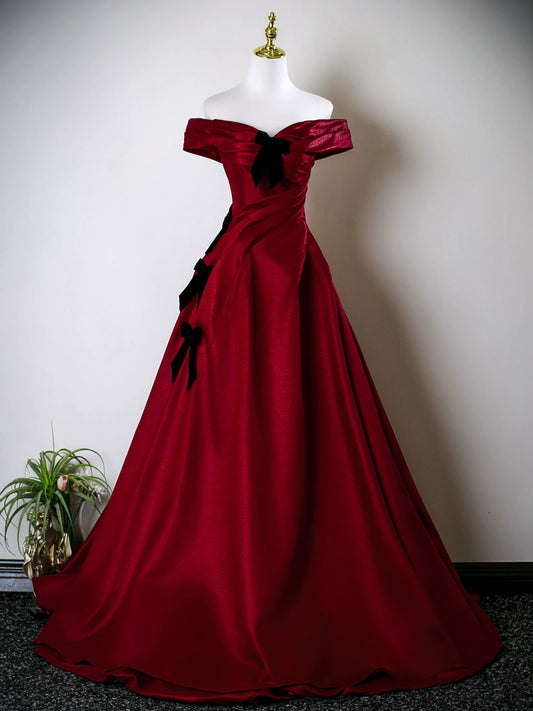 Off The Shoulder Burgundy  Satin Prom Dress Formal Evening Gown  P1246