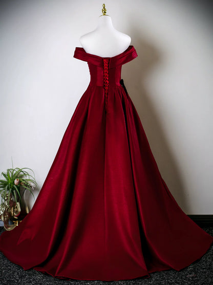 Off The Shoulder Burgundy  Satin Prom Dress Formal Evening Gown  P1246