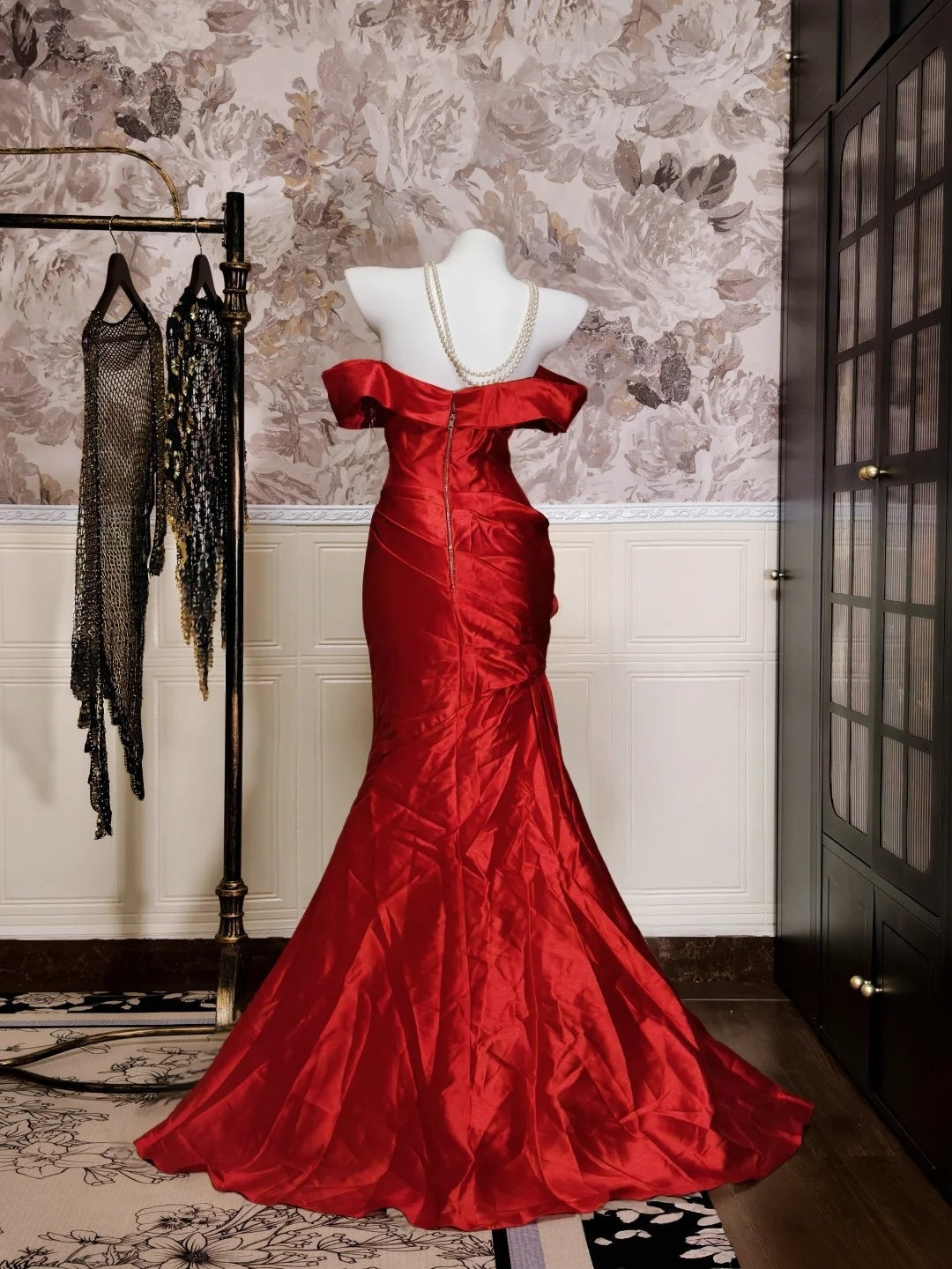 Off The Shoulder Burgundy Satin Prom Dress Mermaid Evening Dress  P1733