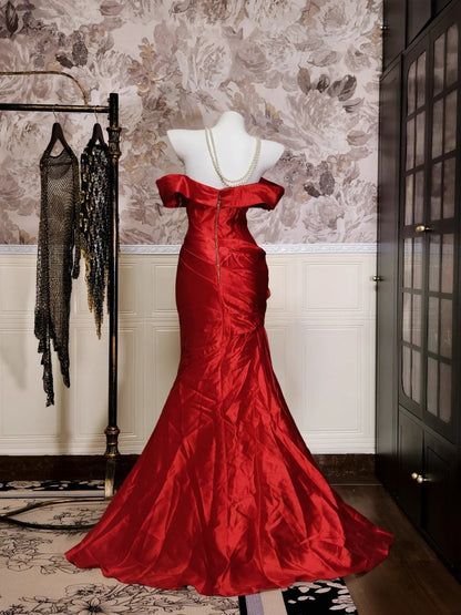 Off The Shoulder Burgundy Satin Prom Dress Mermaid Evening Dress  P1733