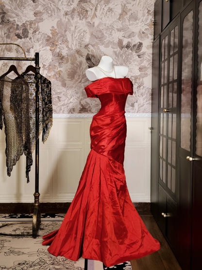 Off The Shoulder Burgundy Satin Prom Dress Mermaid Evening Dress  P1733