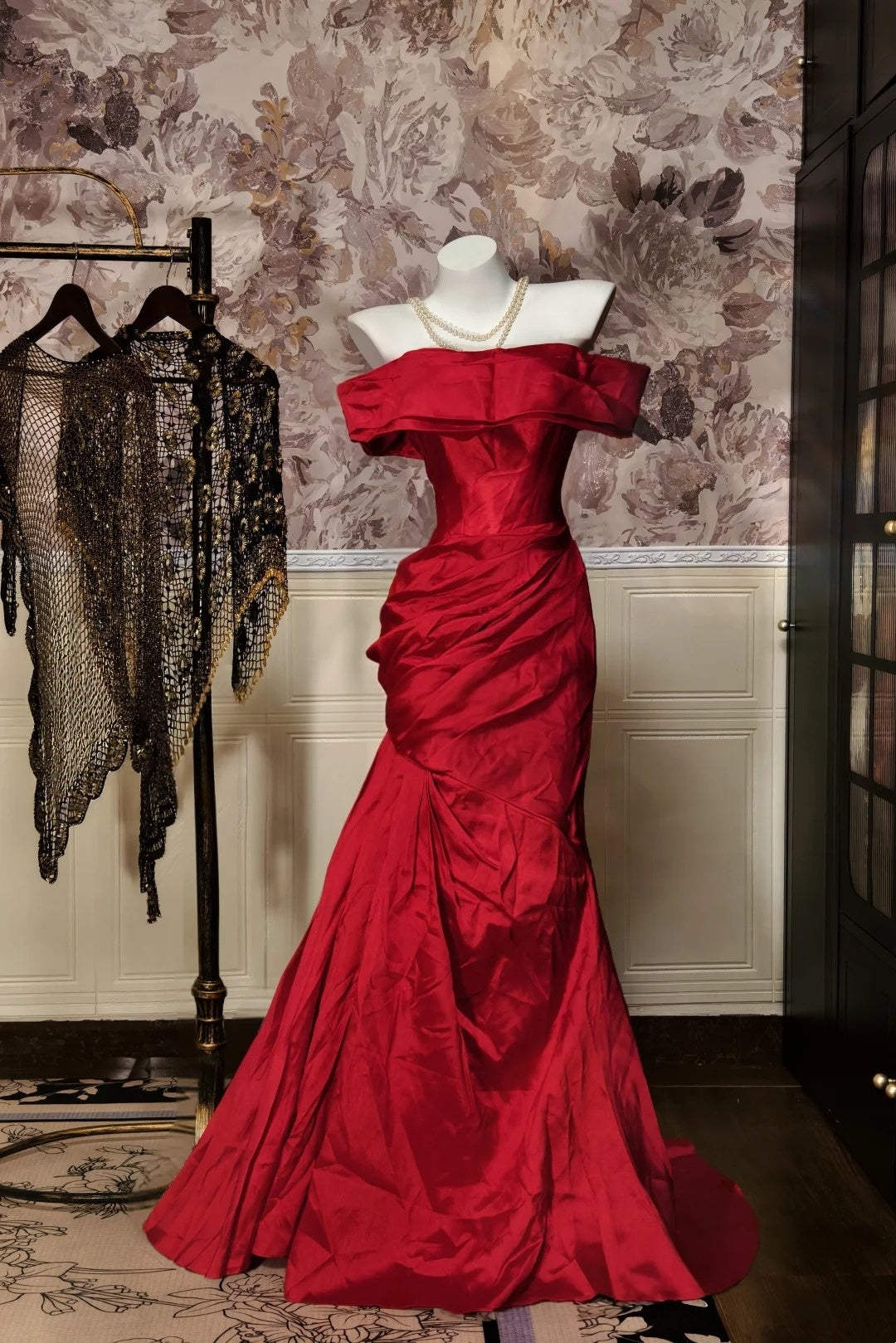 Off The Shoulder Burgundy Satin Prom Dress Mermaid Evening Dress  P1733