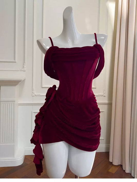 Off The Shoulder Burgundy Satin Ruffled Birthday Dress Homecoming Dress  P1743
