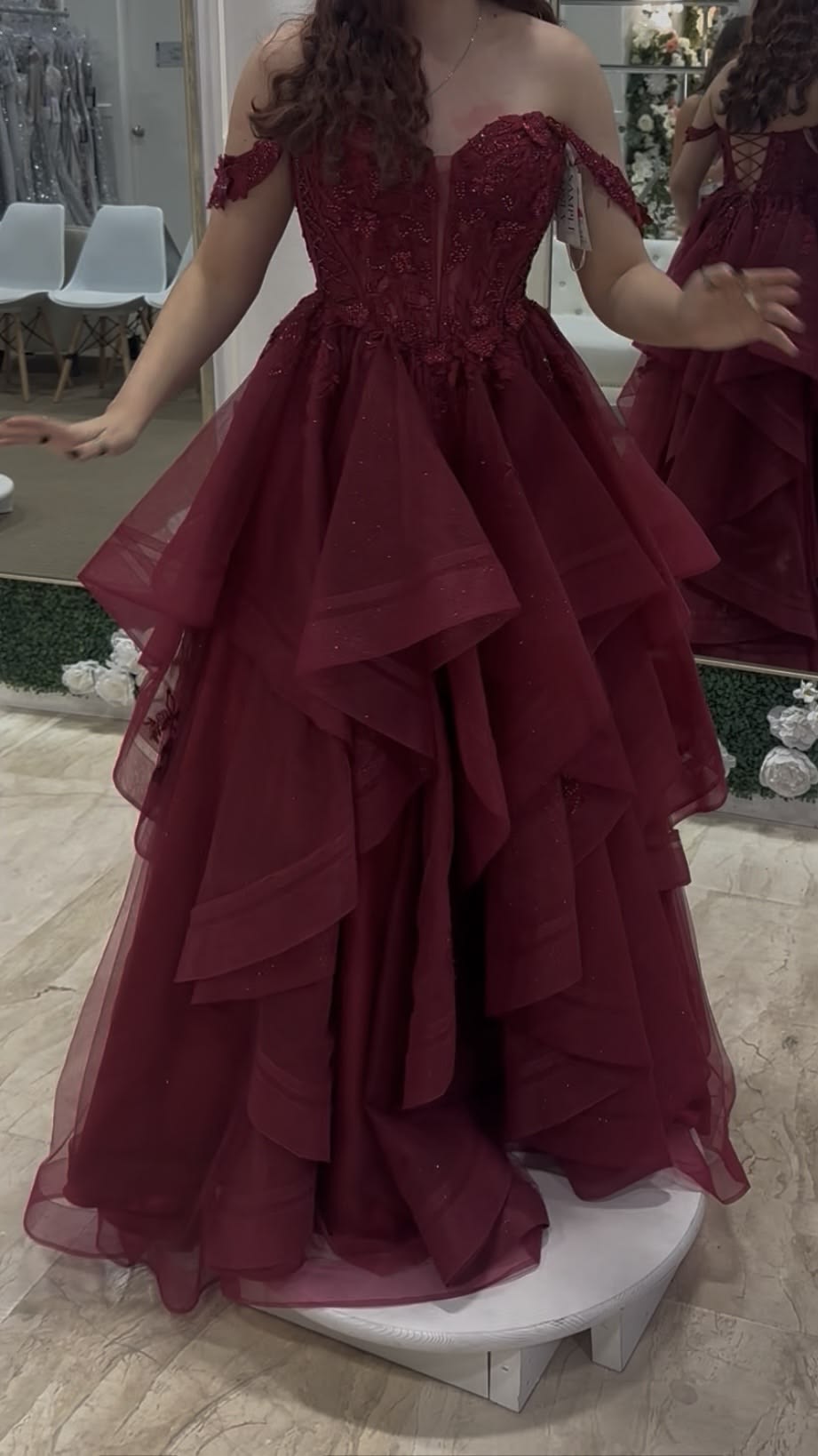 Off The Shoulder Burgundy Tulle A Line Long Prom Dress  P932