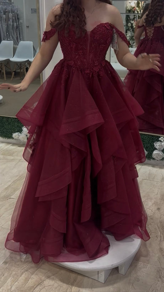 Off The Shoulder Burgundy Tulle A Line Long Prom Dress  P932