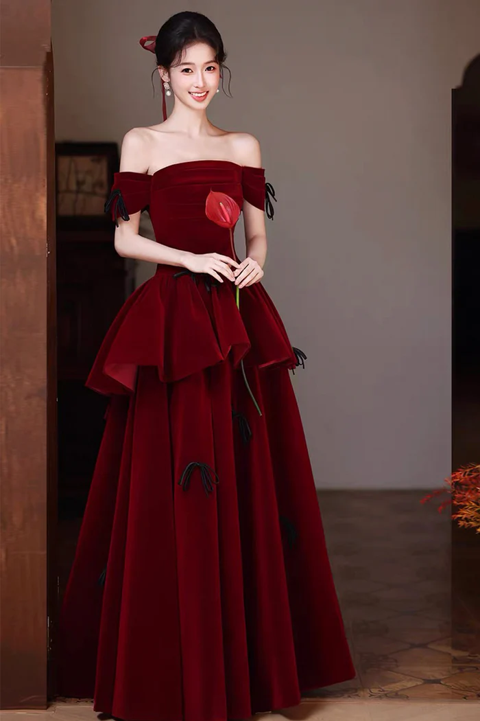 Off The Shoulder Burgundy Velvet Ball Gown A-Line Tiered Prom Dress  P651