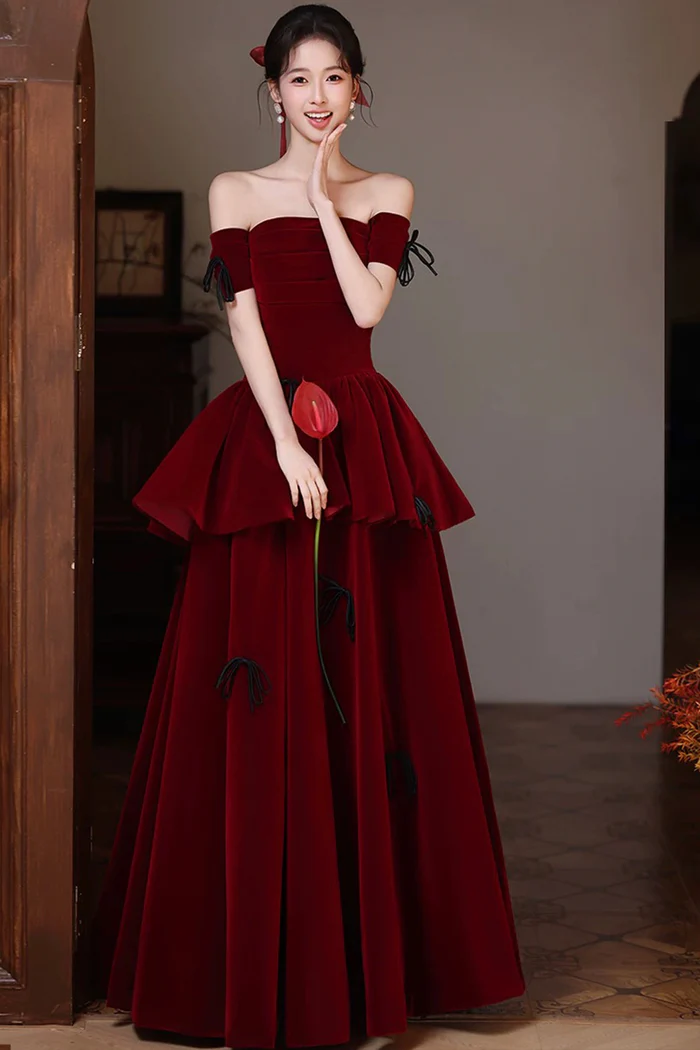 Off The Shoulder Burgundy Velvet Ball Gown A-Line Tiered Prom Dress  P651
