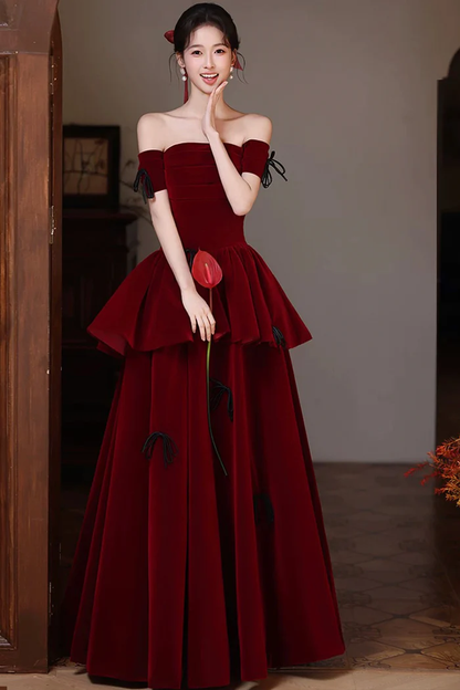 Off The Shoulder Burgundy Velvet Ball Gown A-Line Tiered Prom Dress  P651
