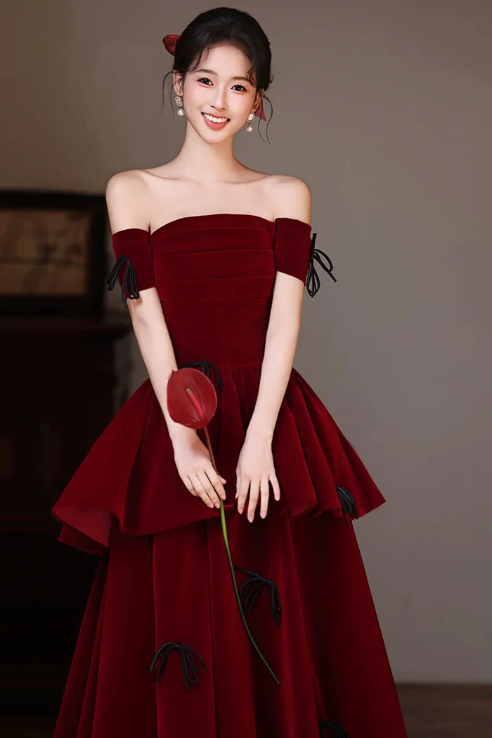 Off The Shoulder Burgundy Velvet Ball Gown A-Line Tiered Prom Dress  P651