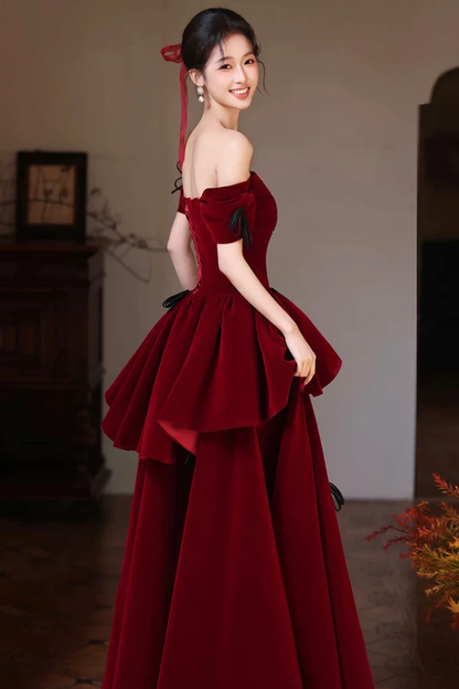 Off The Shoulder Burgundy Velvet Ball Gown A-Line Tiered Prom Dress  P651