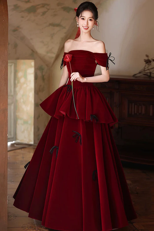 Off The Shoulder Burgundy Velvet Ball Gown A-Line Tiered Prom Dress  P651
