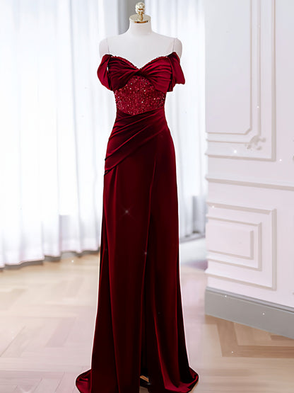 Off The Shoulder Burgundy Velvet Prom Dress Sheath Evening Dress with Slit   P887