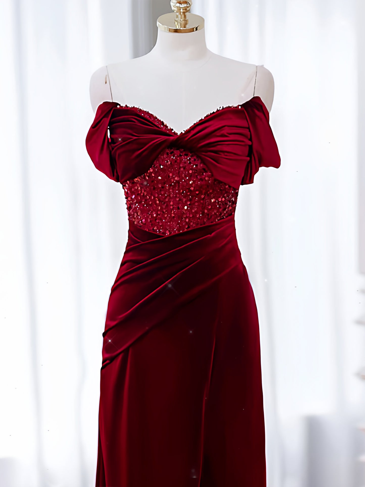 Off The Shoulder Burgundy Velvet Prom Dress Sheath Evening Dress with Slit   P887