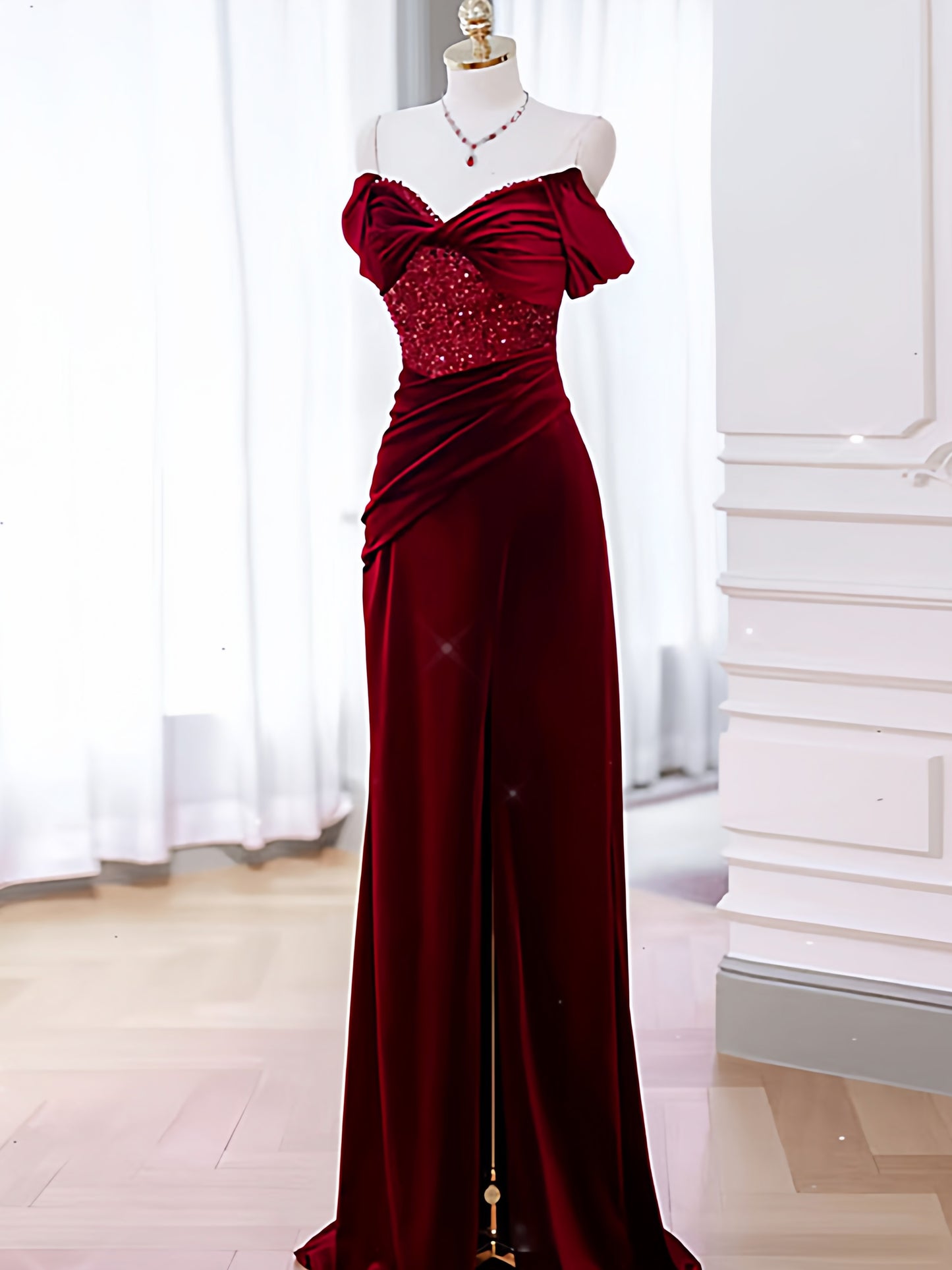 Off The Shoulder Burgundy Velvet Prom Dress Sheath Evening Dress with Slit   P887
