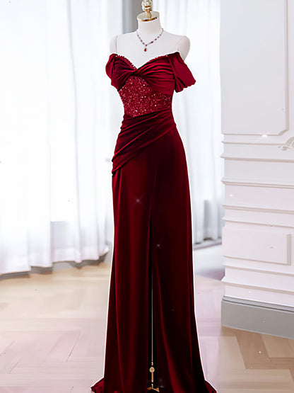 Off The Shoulder Burgundy Velvet Prom Dress Sheath Evening Dress with Slit   P887