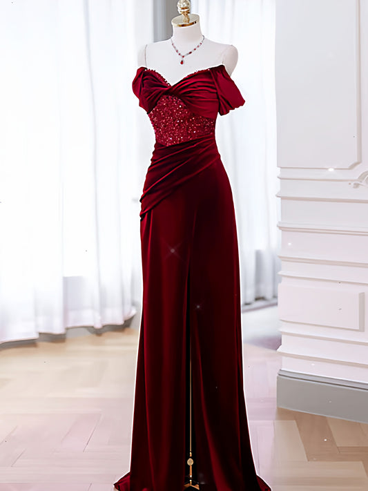 Off The Shoulder Burgundy Velvet Prom Dress Sheath Evening Dress with Slit   P887