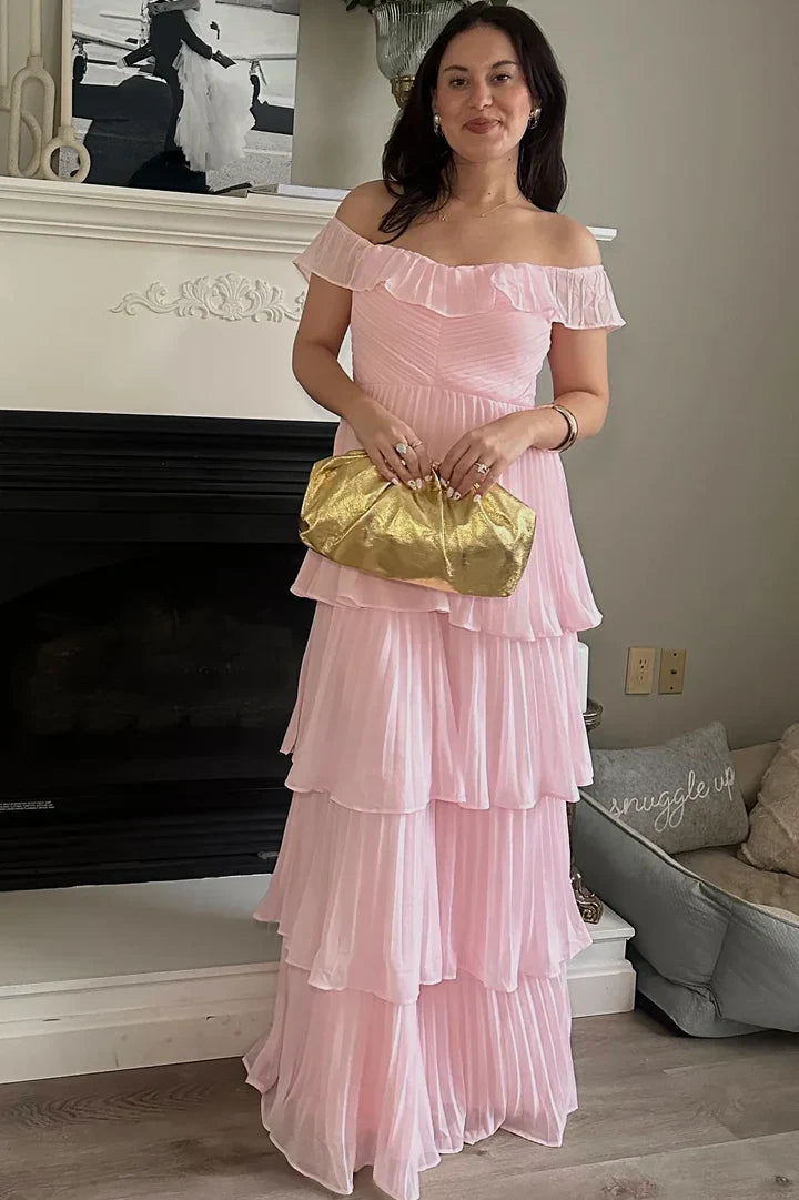 Off The Shoulder Chiffon Ruffle Formal Prom Dress  P1022