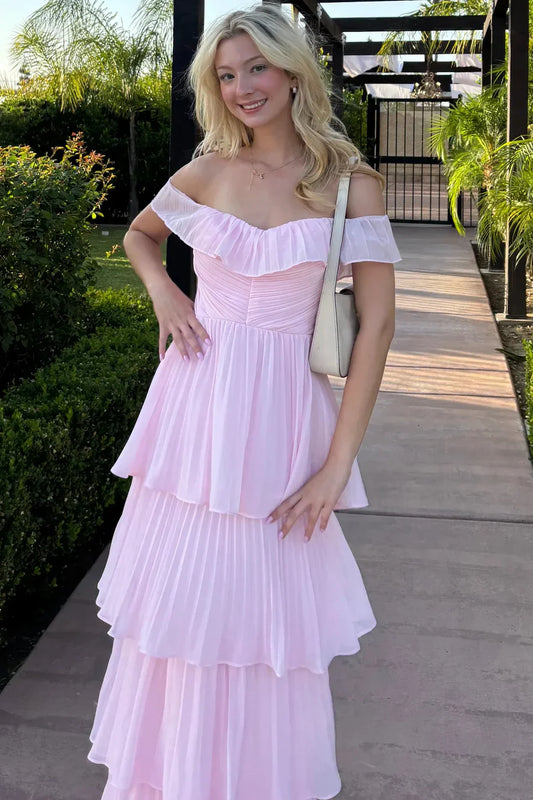 Off The Shoulder Chiffon Ruffle Formal Prom Dress  P1022