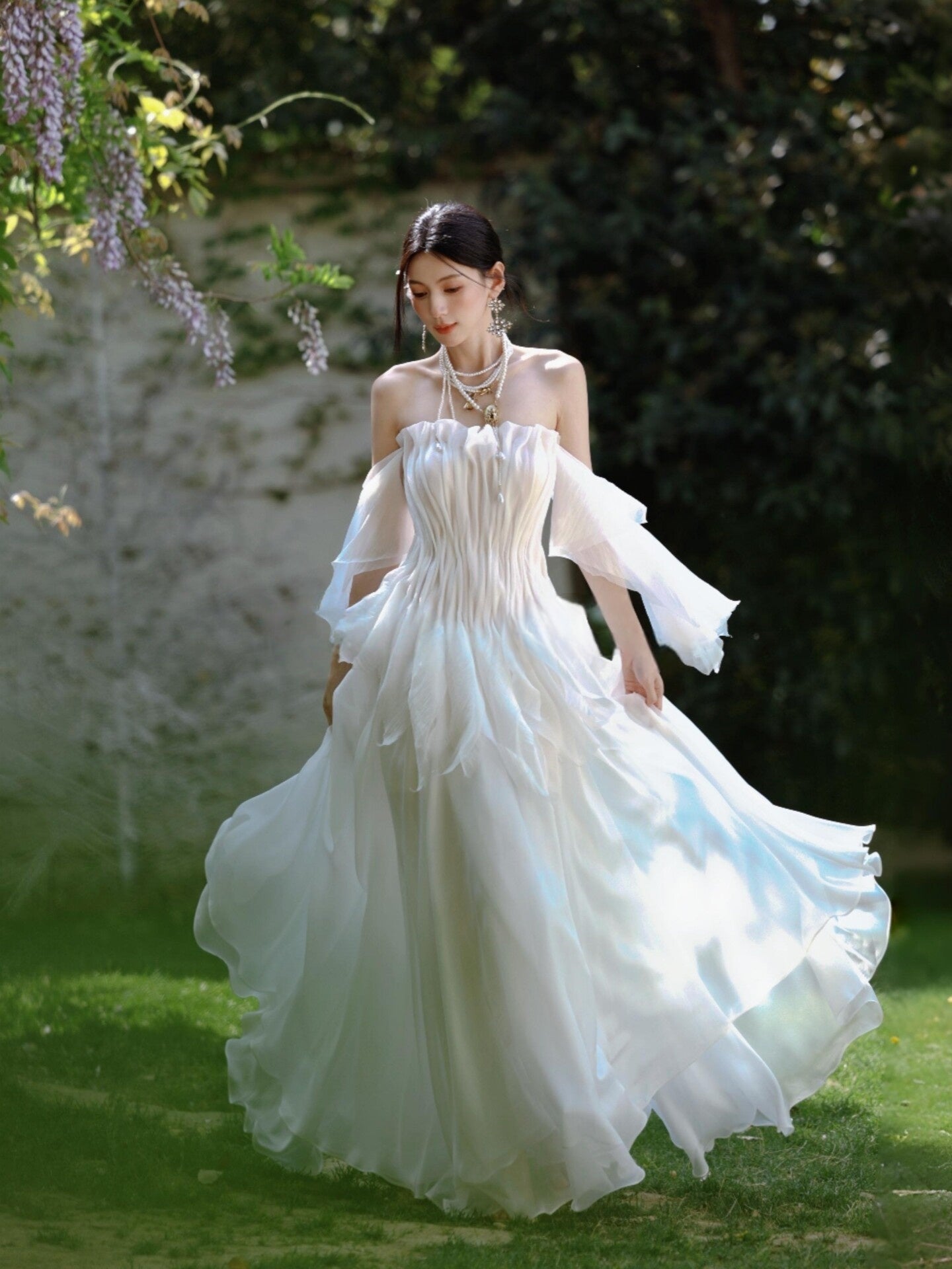 Off The Shoulder Chiffon Wedding Dress Ruffled Bridal Gown  L83