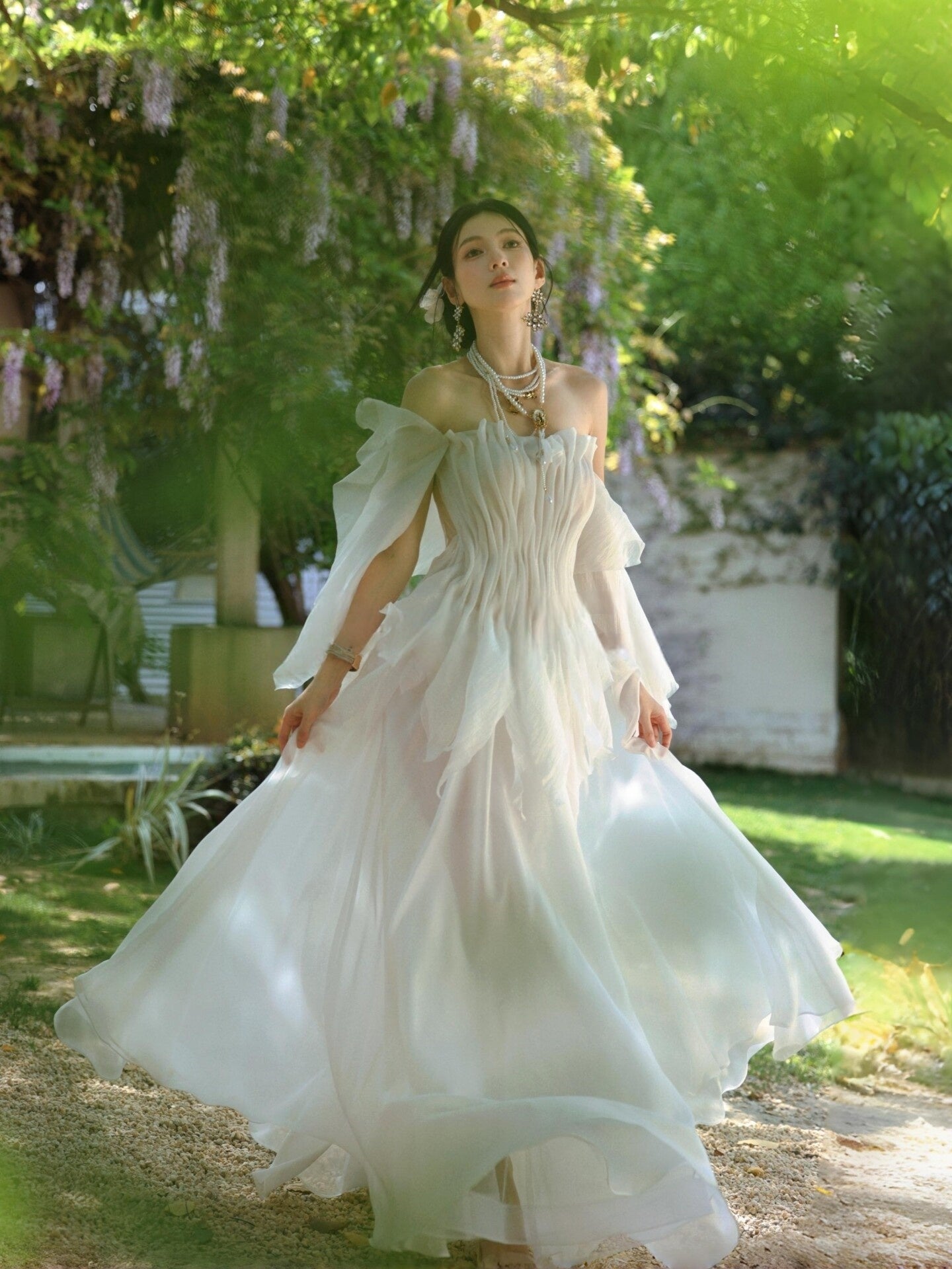 Off The Shoulder Chiffon Wedding Dress Ruffled Bridal Gown  L83