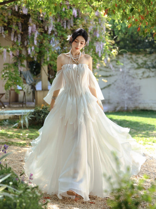 Off The Shoulder Chiffon Wedding Dress Ruffled Bridal Gown  L83