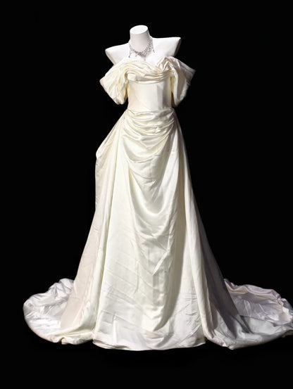 Off The Shoulder Cream Satin Formal Evening Gown Prom Dress  P2602