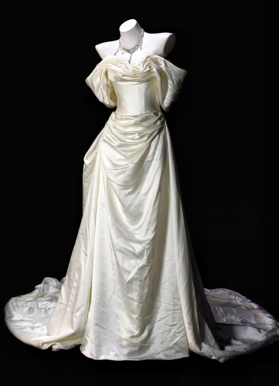 Off The Shoulder Cream Satin Formal Evening Gown Prom Dress  P2602
