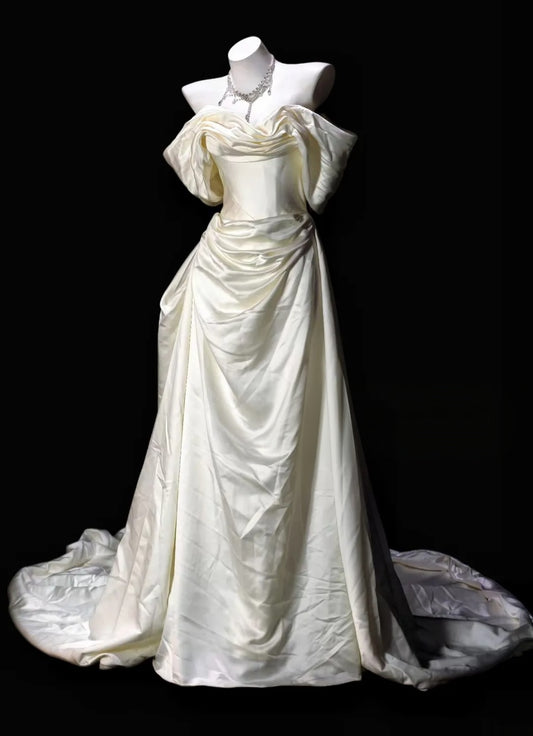 Off The Shoulder Cream Satin Formal Evening Gown Prom Dress  P2602