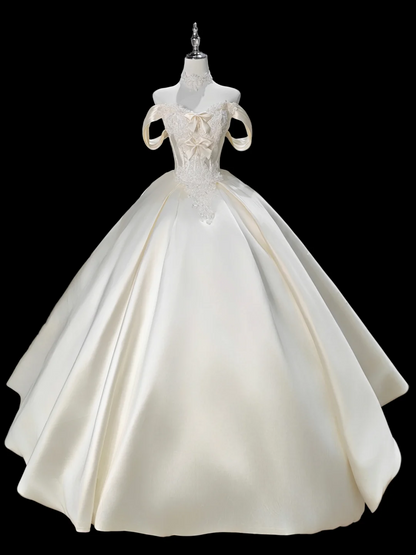 Off The Shoulder Cream Satin Prom Dress Beaded Appliques Evening Dress P813