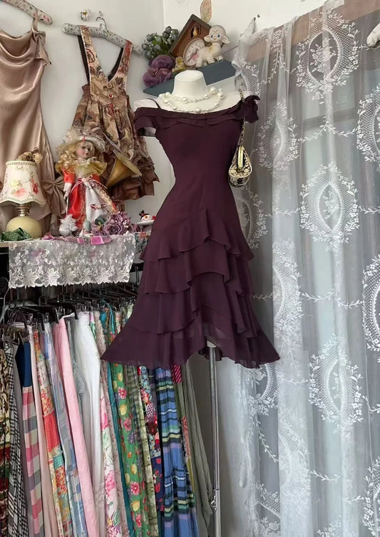 Off The Shoulder Dark Red Chiffon Midi Dress Tiered Ruffled Layers Cocktail Dresses  P2196