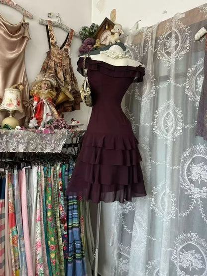 Off The Shoulder Dark Red Chiffon Midi Dress Tiered Ruffled Layers Cocktail Dresses  P2196