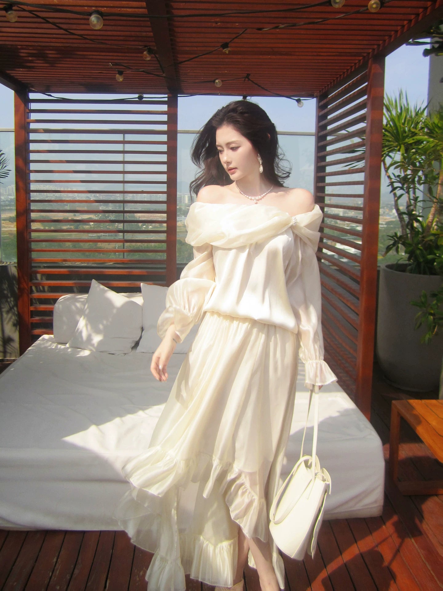 Off The Shoulder Elegant Ruffled Dress Set   L138