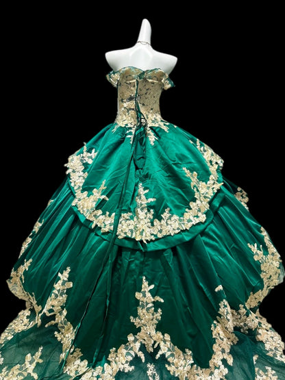 Off The Shoulder Emerald Green Sweet 15 Quinceanera Dresses With Gold Appliques  P2419