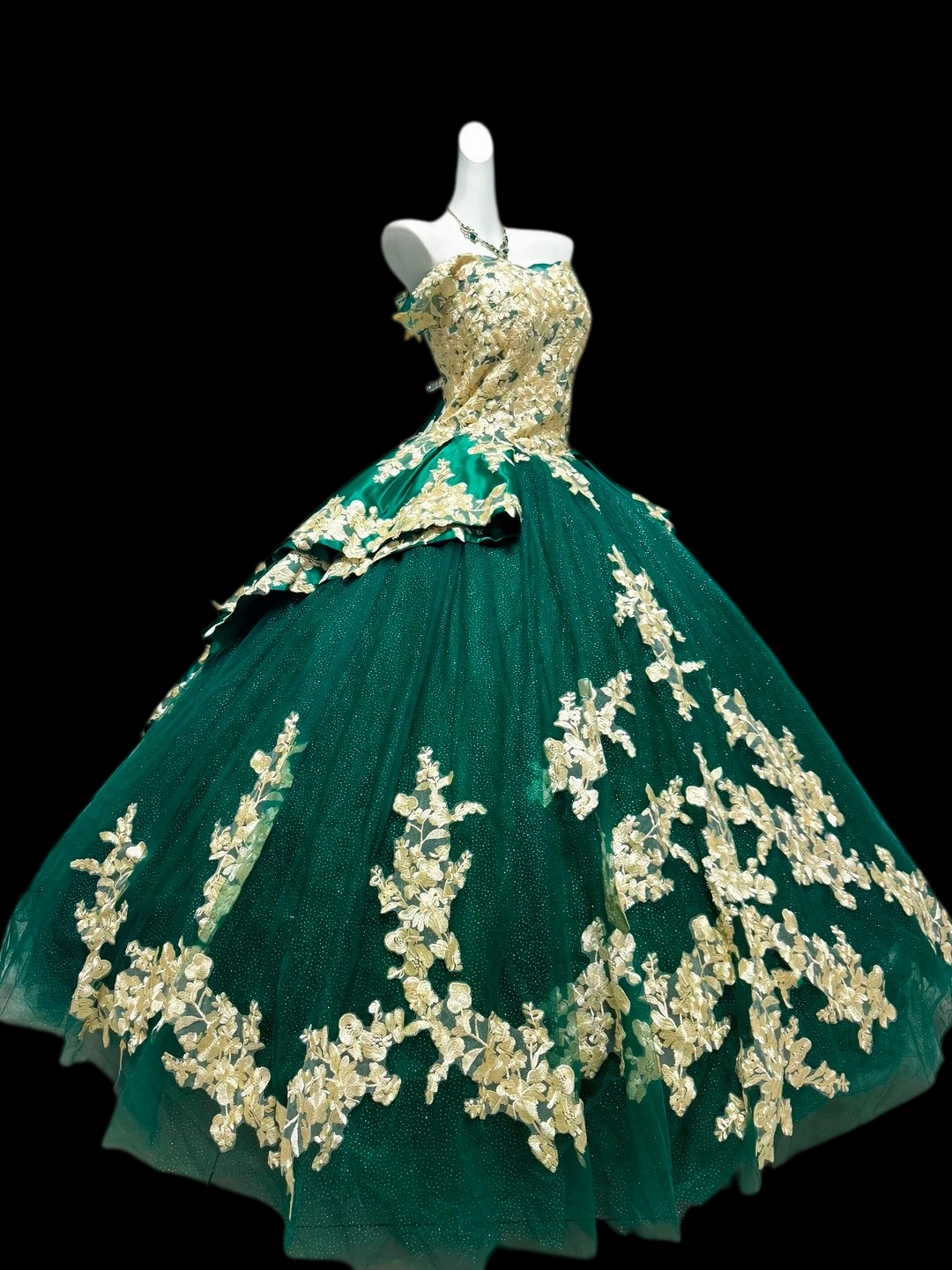 Off The Shoulder Emerald Green Sweet 15 Quinceanera Dresses With Gold Appliques  P2419