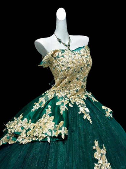 Off The Shoulder Emerald Green Sweet 15 Quinceanera Dresses With Gold Appliques  P2419