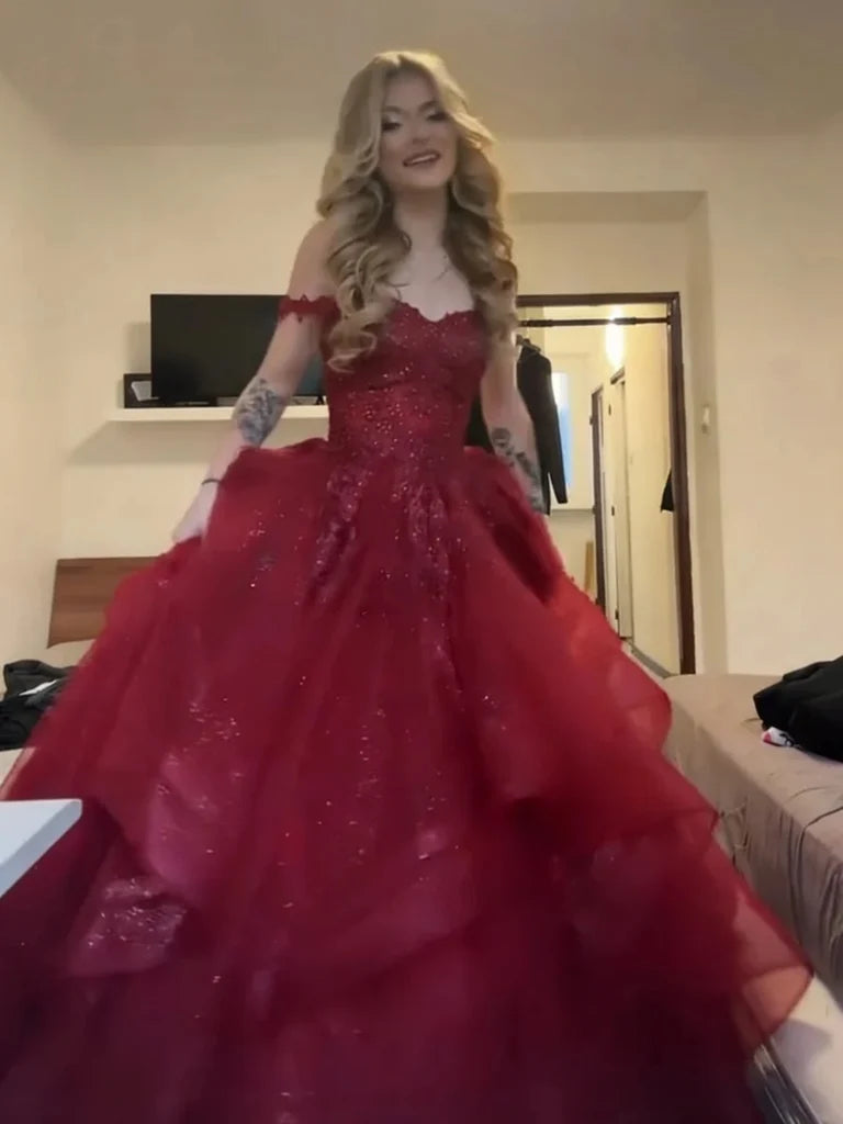 Off The Shoulder Formal Tulle Burgundy Prom Dresses  P2299