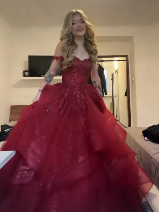 Off The Shoulder Formal Tulle Burgundy Prom Dresses  P2299