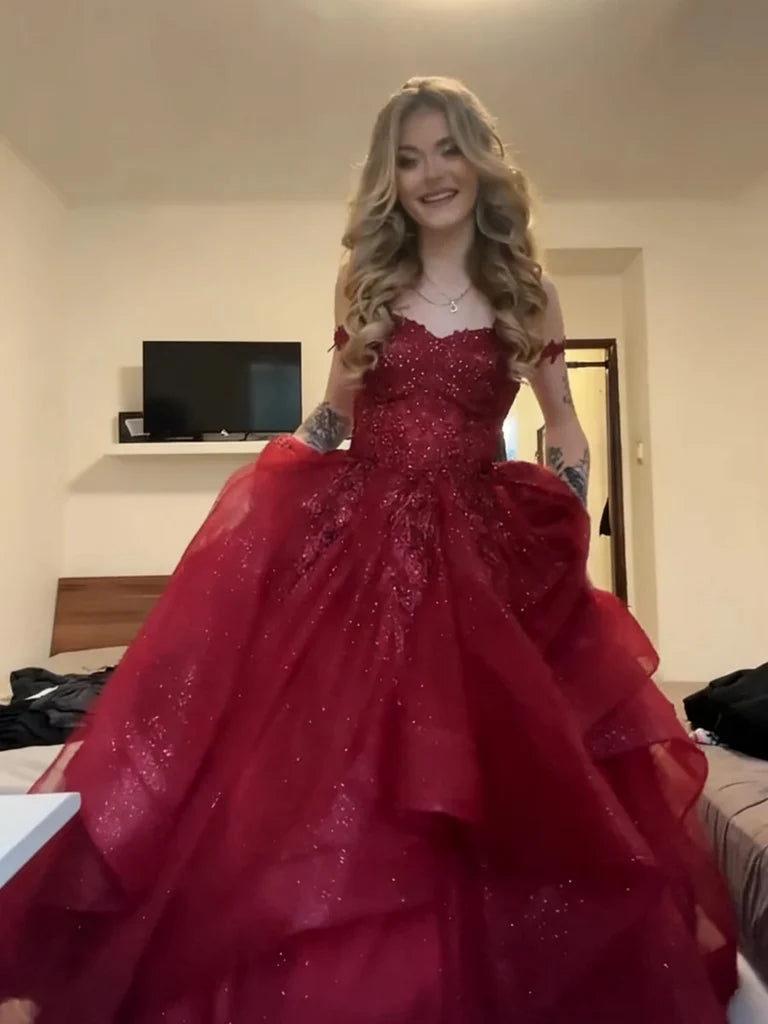 Off The Shoulder Formal Tulle Burgundy Prom Dresses  P2299