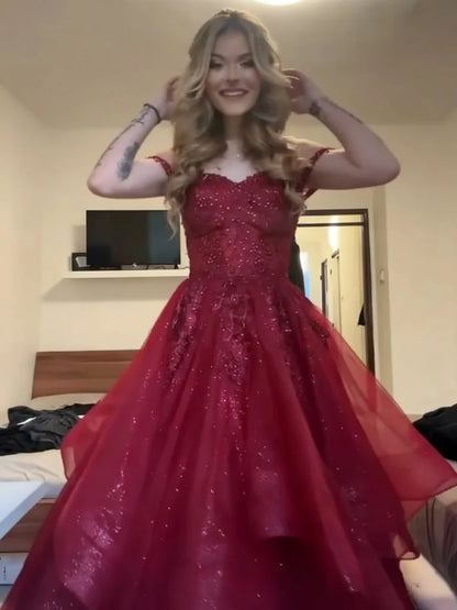Off The Shoulder Formal Tulle Burgundy Prom Dresses  P2299