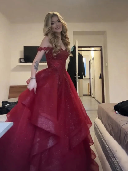 Off The Shoulder Formal Tulle Burgundy Prom Dresses  P2299