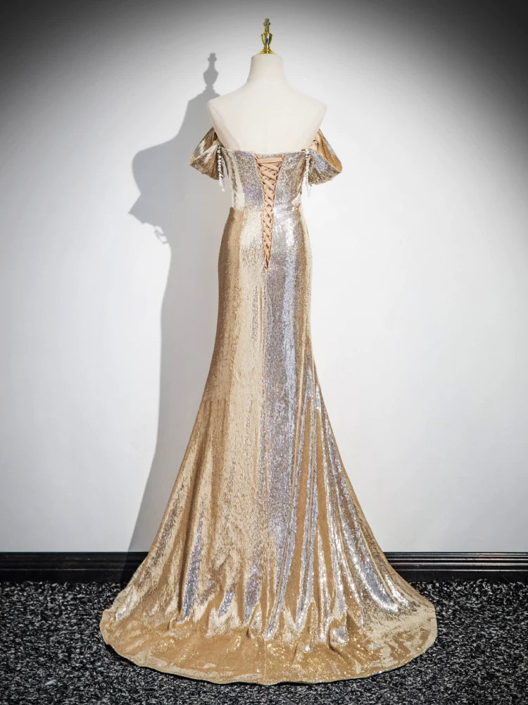 Off The Shoulder Gold Sequin Mermaid Prom Dress Formal Evening Gown  P1271