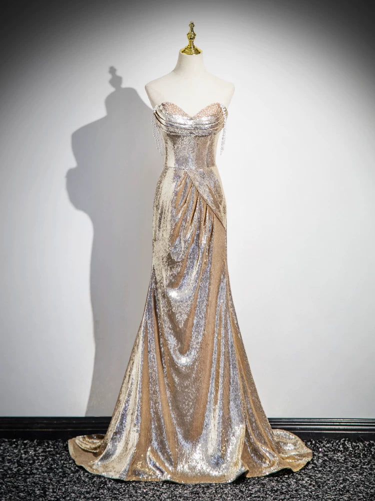 Off The Shoulder Gold Sequin Mermaid Prom Dress Formal Evening Gown  P1271