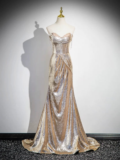 Off The Shoulder Gold Sequin Mermaid Prom Dress Formal Evening Gown  P1271