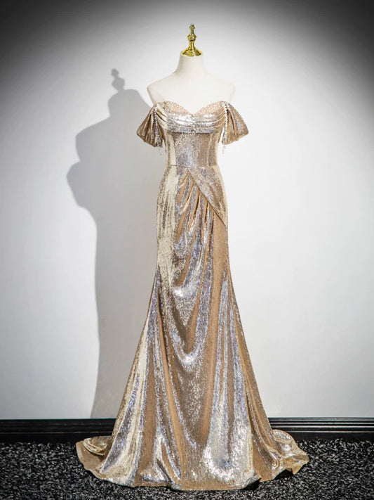 Off The Shoulder Gold Sequin Mermaid Prom Dress Formal Evening Gown  P1271